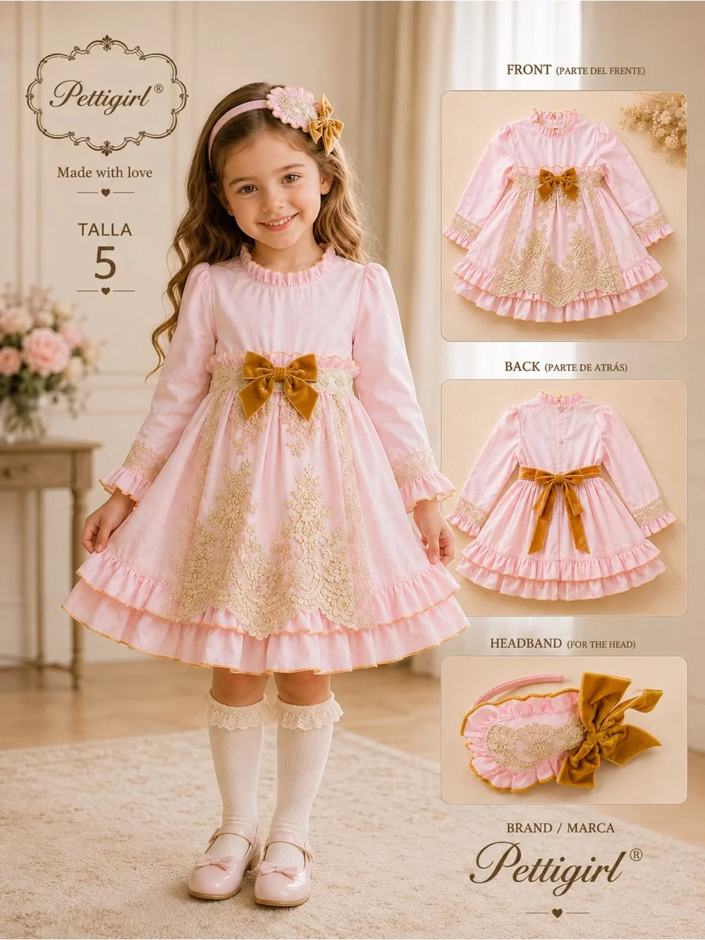 Pink Dress with Gold Bow & Headband - Kids Costume